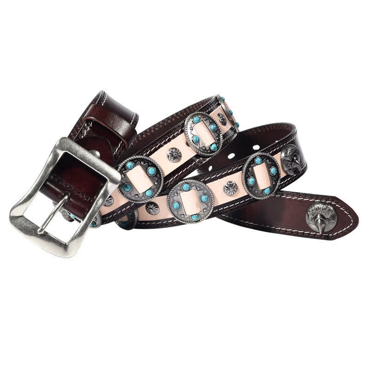Ceinture en cuir cloutée à motif floral incrusté turquoise pour homme