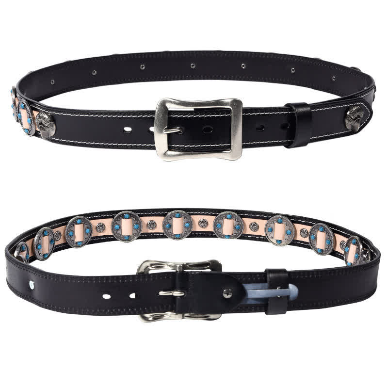 Ceinture en cuir cloutée à motif floral incrusté turquoise pour homme