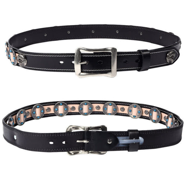 Ceinture en cuir cloutée à motif floral incrusté turquoise pour homme