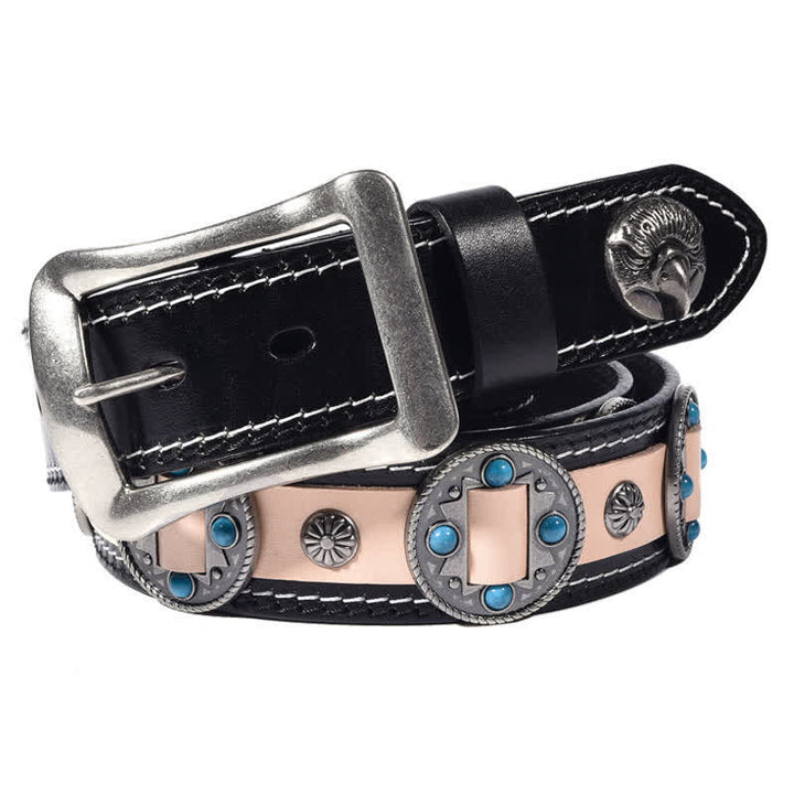 Ceinture en cuir cloutée à motif floral incrusté turquoise pour homme