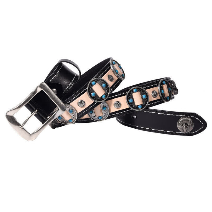 Ceinture en cuir cloutée à motif floral incrusté turquoise pour homme