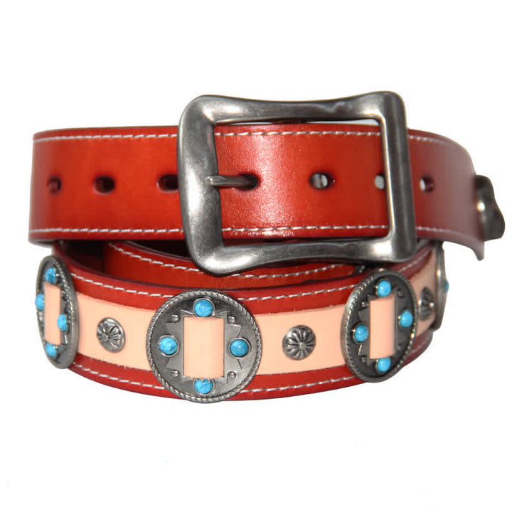 Ceinture en cuir cloutée à motif floral incrusté turquoise pour homme