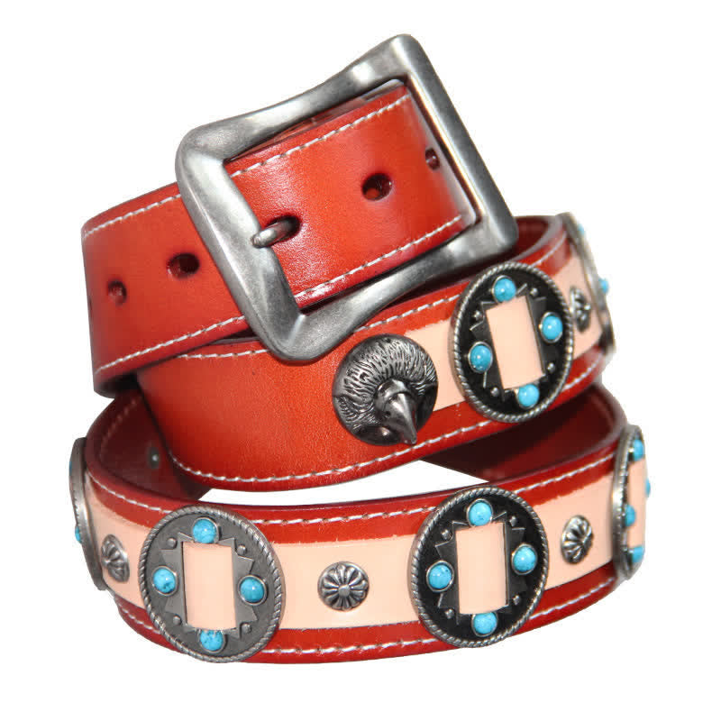 Ceinture en cuir cloutée à motif floral incrusté turquoise pour homme
