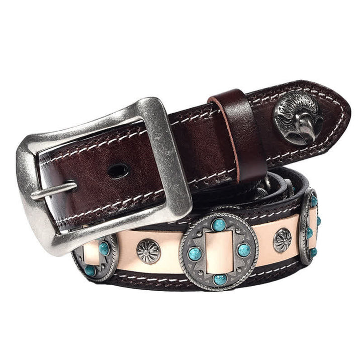 Ceinture en cuir cloutée à motif floral incrusté turquoise pour homme