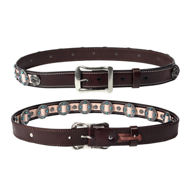 Ceinture en cuir cloutée à motif floral incrusté turquoise pour homme
