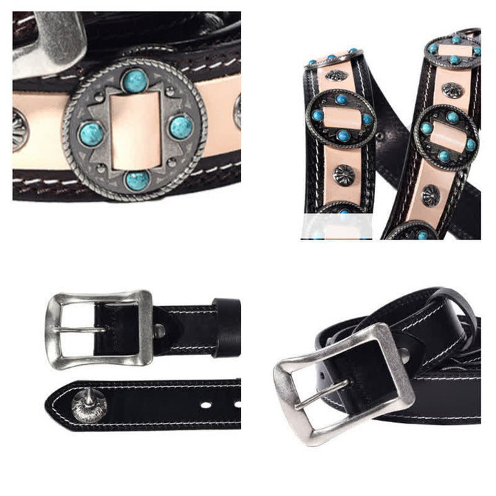 Ceinture en cuir cloutée à motif floral incrusté turquoise pour homme