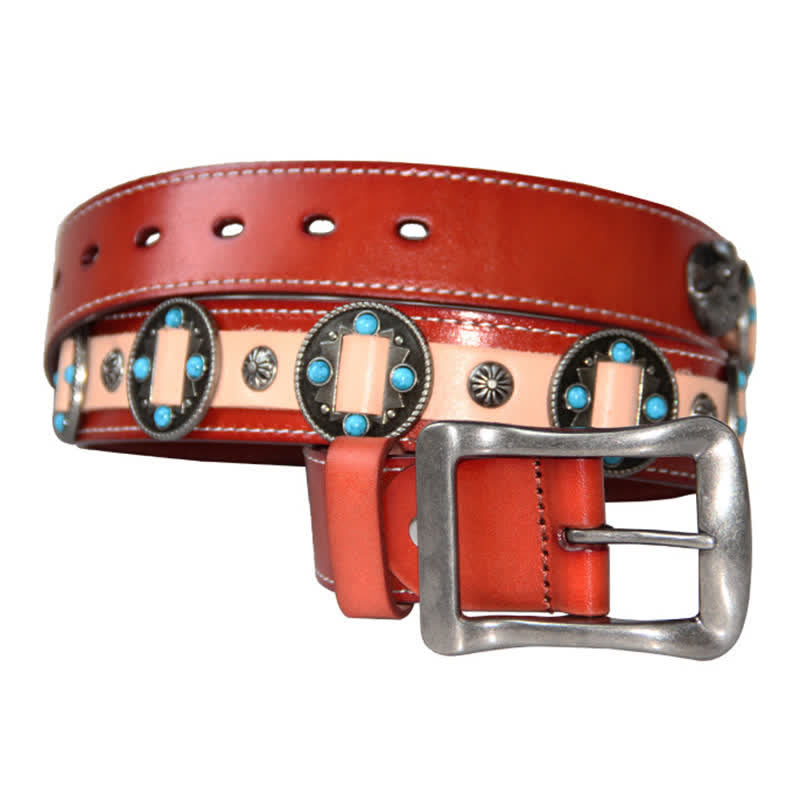Ceinture en cuir cloutée à motif floral incrusté turquoise pour homme