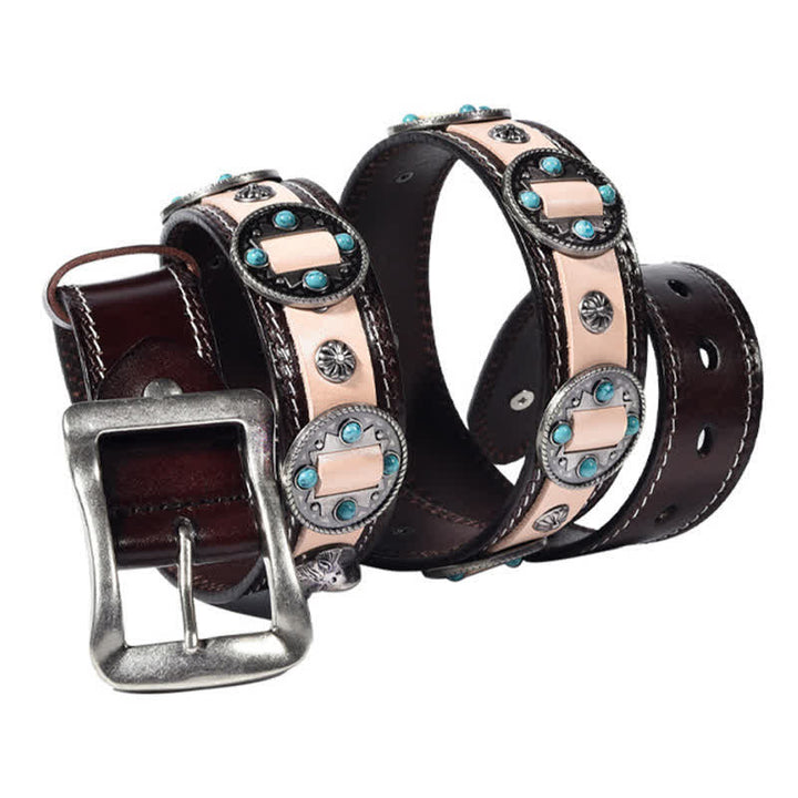Ceinture en cuir cloutée à motif floral incrusté turquoise pour homme