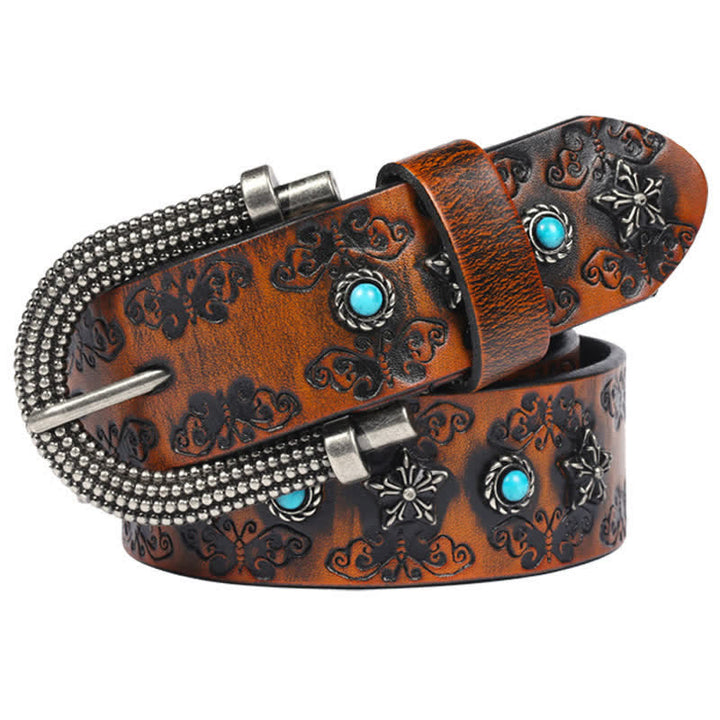 Ceinture en cuir pour homme avec incrustations turquoise et motif papillon