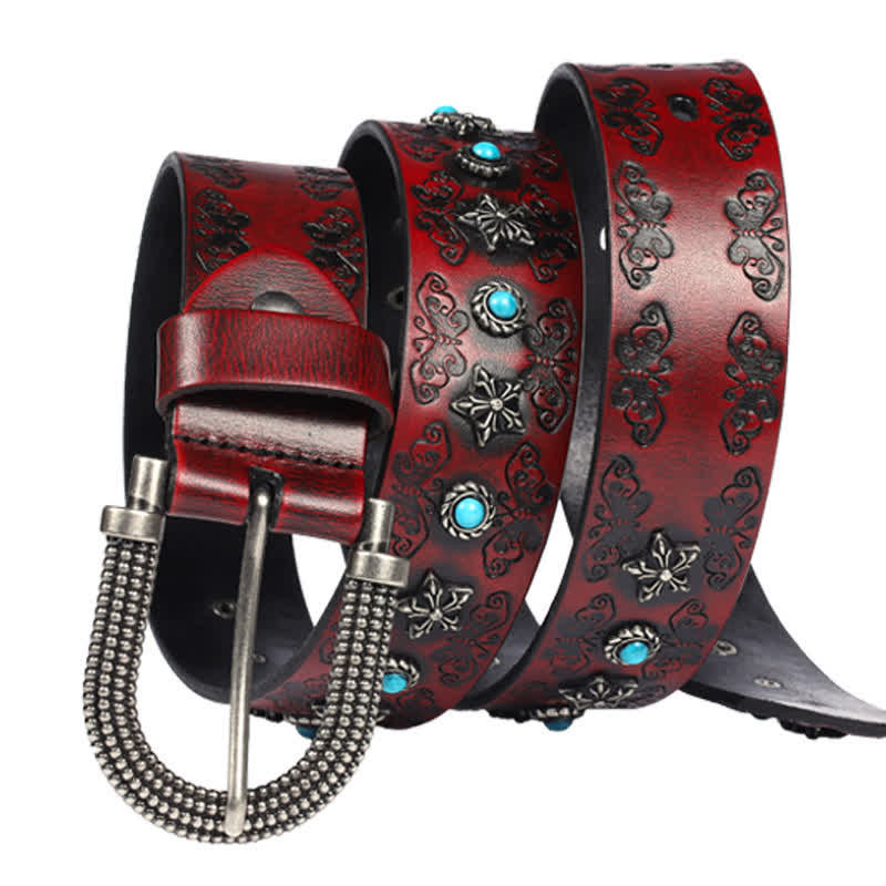 Ceinture en cuir pour homme avec incrustations turquoise et motif papillon