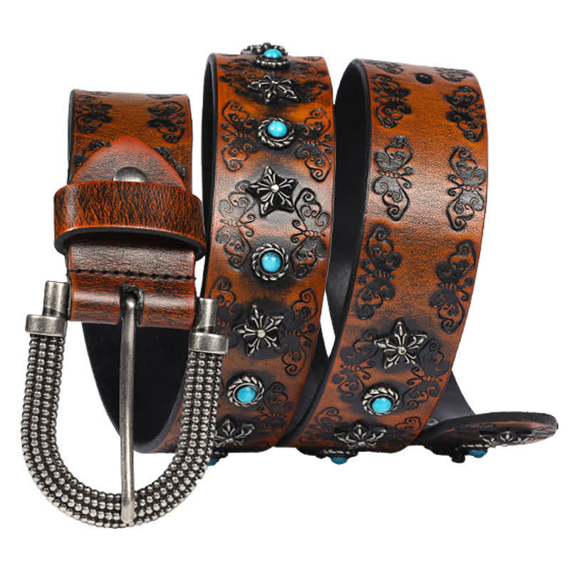 Ceinture en cuir pour homme avec incrustations turquoise et motif papillon