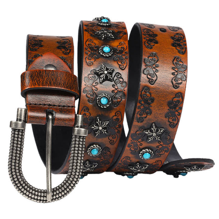 Ceinture en cuir pour homme avec incrustations turquoise et motif papillon