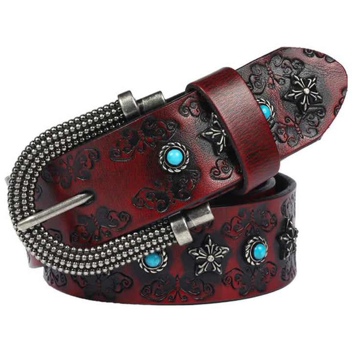 Ceinture en cuir pour homme avec incrustations turquoise et motif papillon