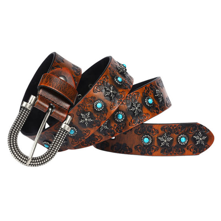 Ceinture en cuir pour homme avec incrustations turquoise et motif papillon