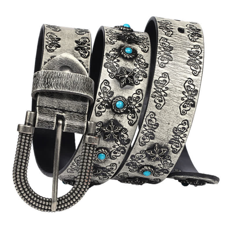 Ceinture en cuir pour homme avec incrustations turquoise et motif papillon