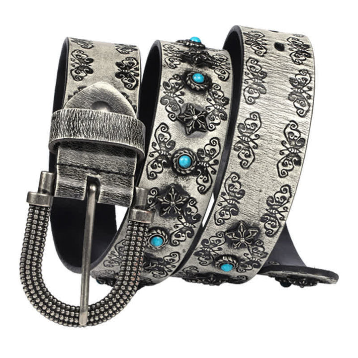 Ceinture en cuir pour homme avec incrustations turquoise et motif papillon