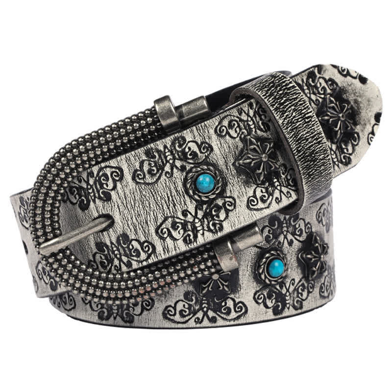 Ceinture en cuir pour homme avec incrustations turquoise et motif papillon