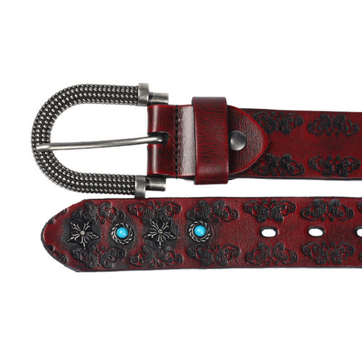 Ceinture en cuir pour homme avec incrustations turquoise et motif papillon