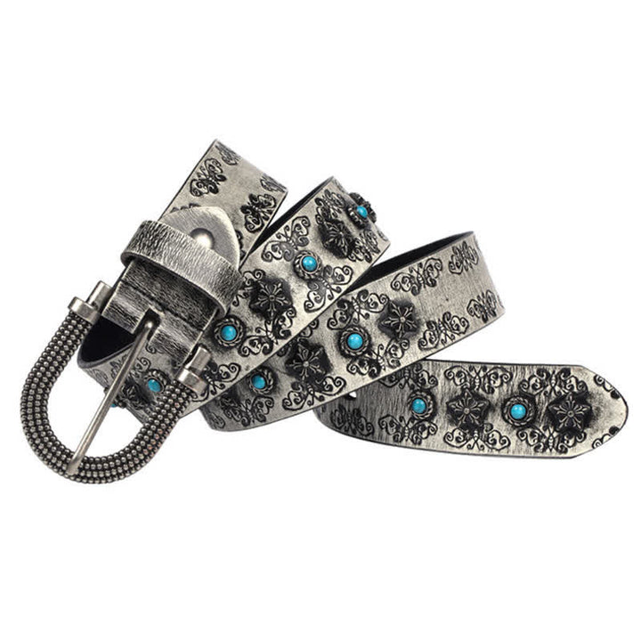 Ceinture en cuir pour homme avec incrustations turquoise et motif papillon