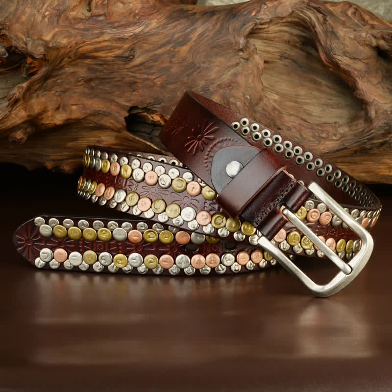 Ceinture en cuir cloutée à rivets et boutons multicolores pour homme