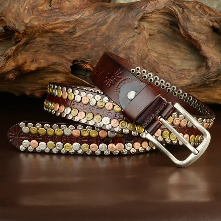 Ceinture en cuir cloutée à rivets et boutons multicolores pour homme