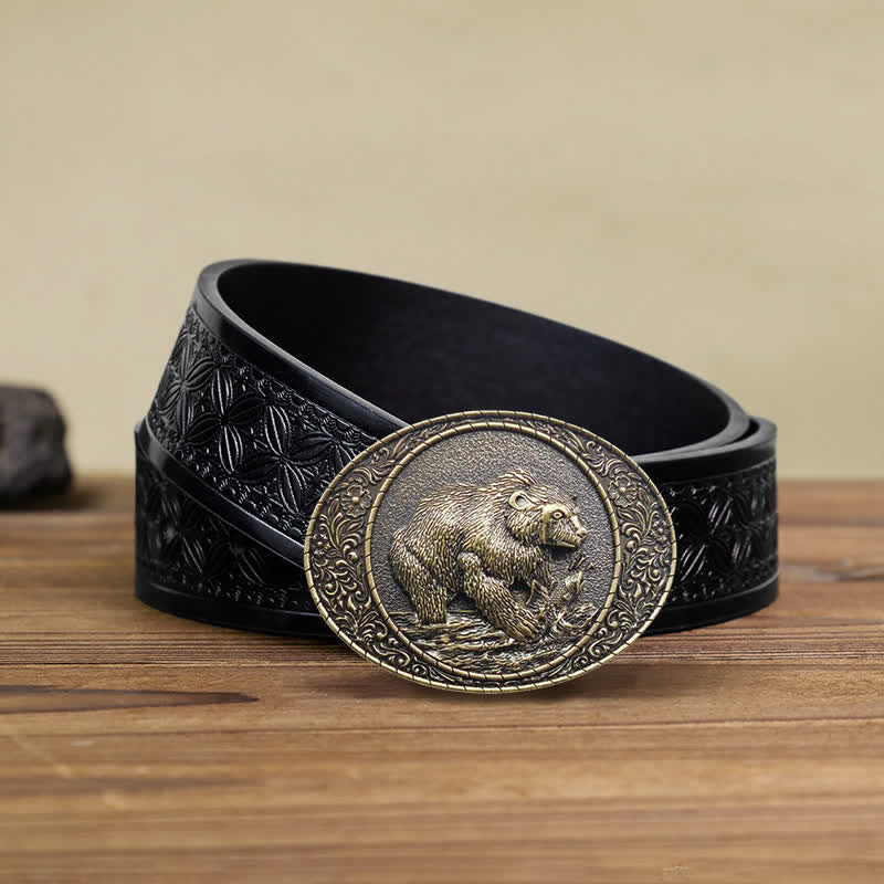 Ceinture en cuir à boucle pour homme avec motif animal sauvage, ours et taureau