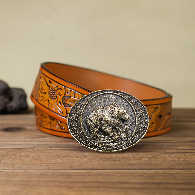 Ceinture en cuir à boucle pour homme avec motif animal sauvage, ours et taureau