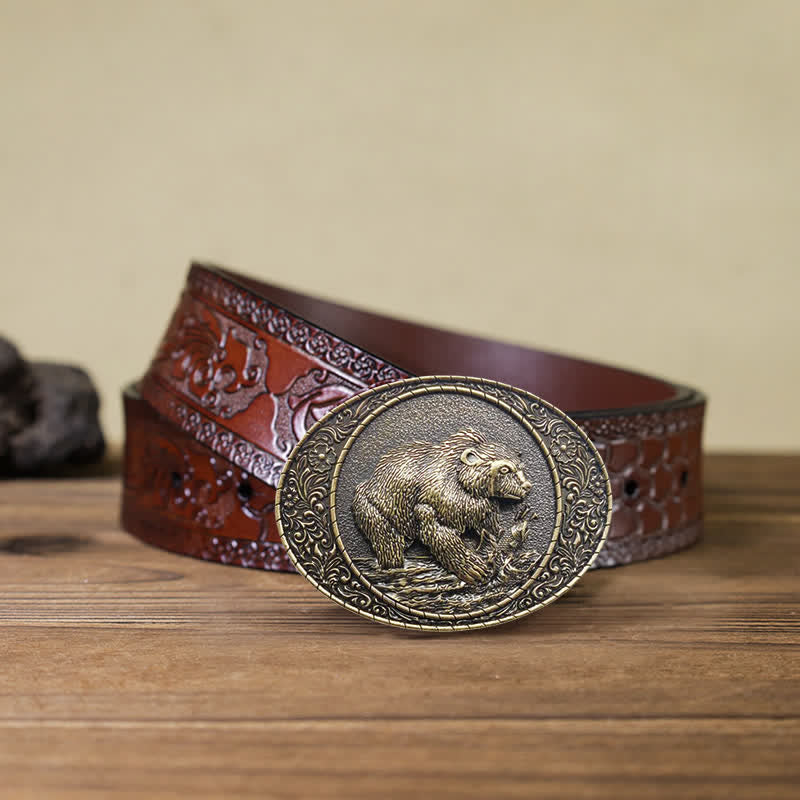 Ceinture en cuir à boucle pour homme avec motif animal sauvage, ours et taureau
