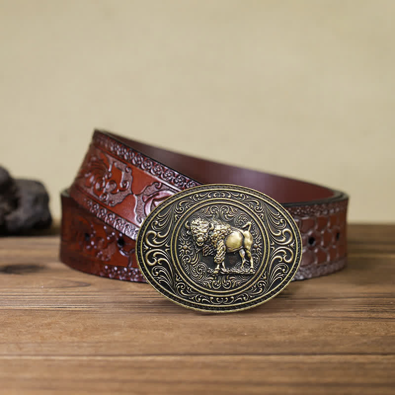 Ceinture en cuir à boucle pour homme avec motif animal sauvage, ours et taureau