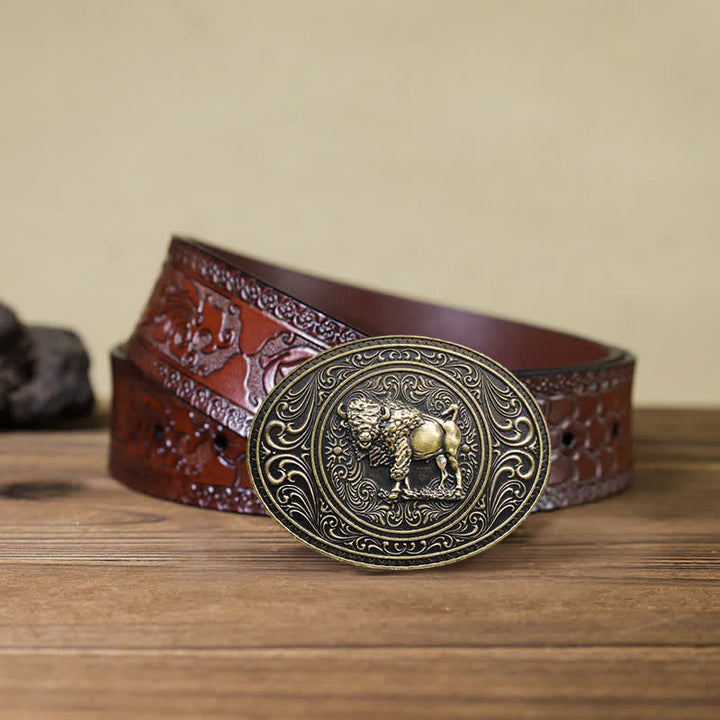 Ceinture en cuir à boucle pour homme avec motif animal sauvage, ours et taureau