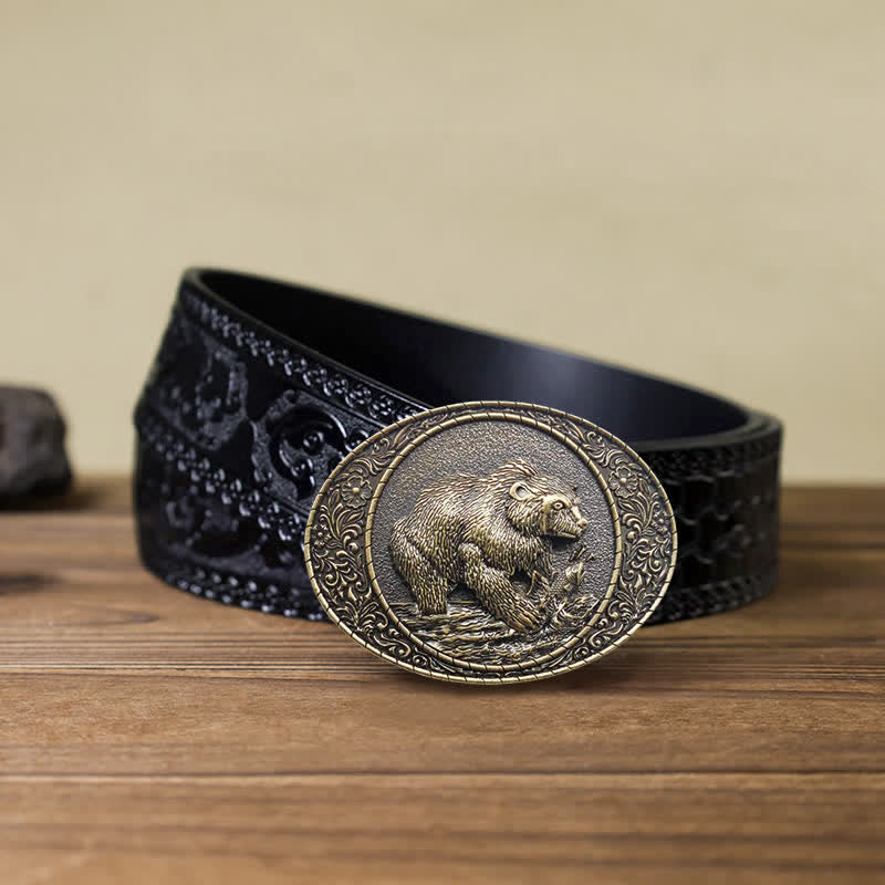 Ceinture en cuir à boucle pour homme avec motif animal sauvage, ours et taureau