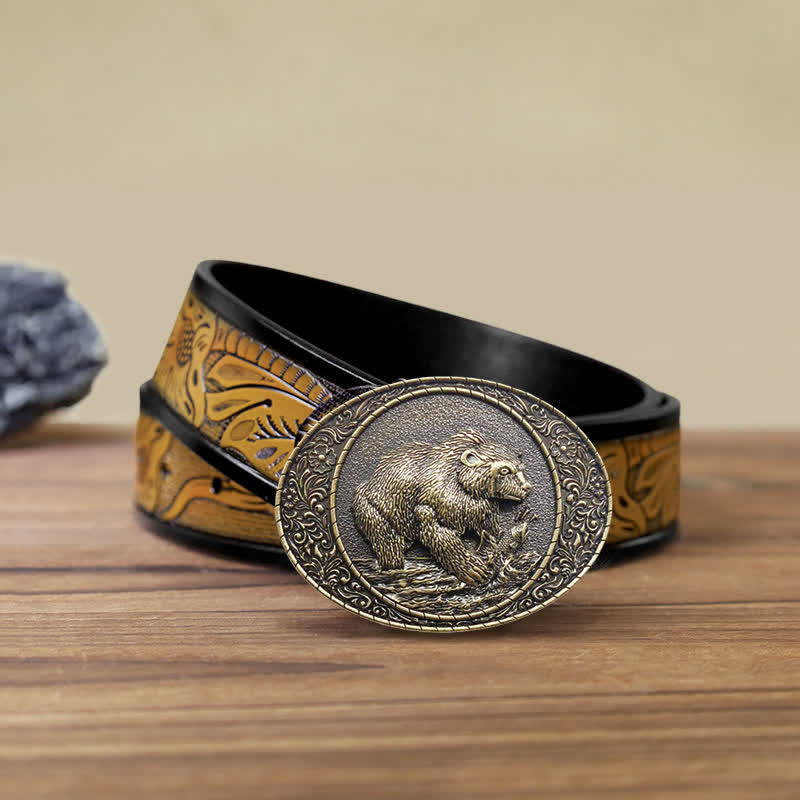 Ceinture en cuir à boucle pour homme avec motif animal sauvage, ours et taureau