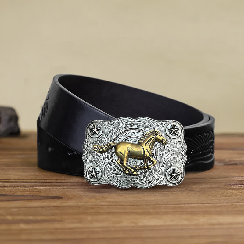 Ceinture en cuir à boucle pour homme avec motif cheval sauvage western