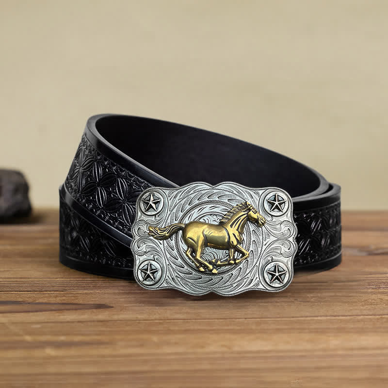 Ceinture en cuir à boucle pour homme avec motif cheval sauvage western
