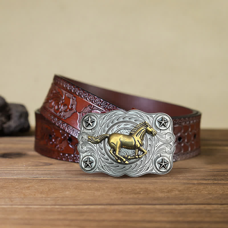 Ceinture en cuir à boucle pour homme avec motif cheval sauvage western