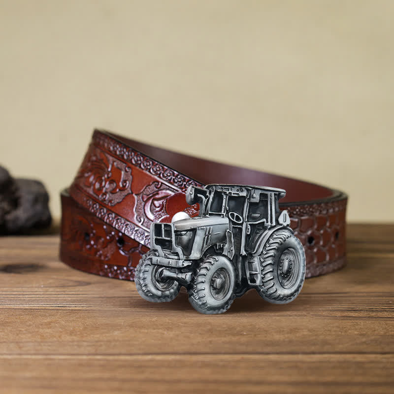 Ceinture en cuir à boucle pour homme avec motif tracteur de campagne