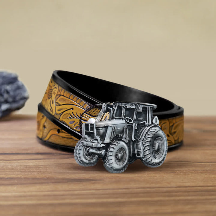 Ceinture en cuir à boucle pour homme avec motif tracteur de campagne