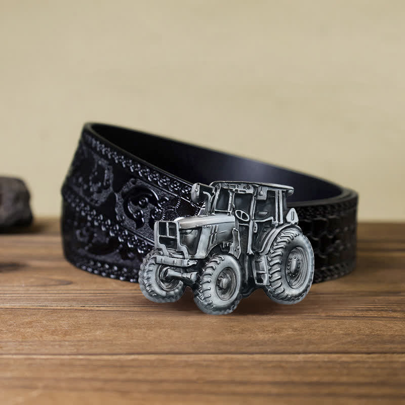 Ceinture en cuir à boucle pour homme avec motif tracteur de campagne