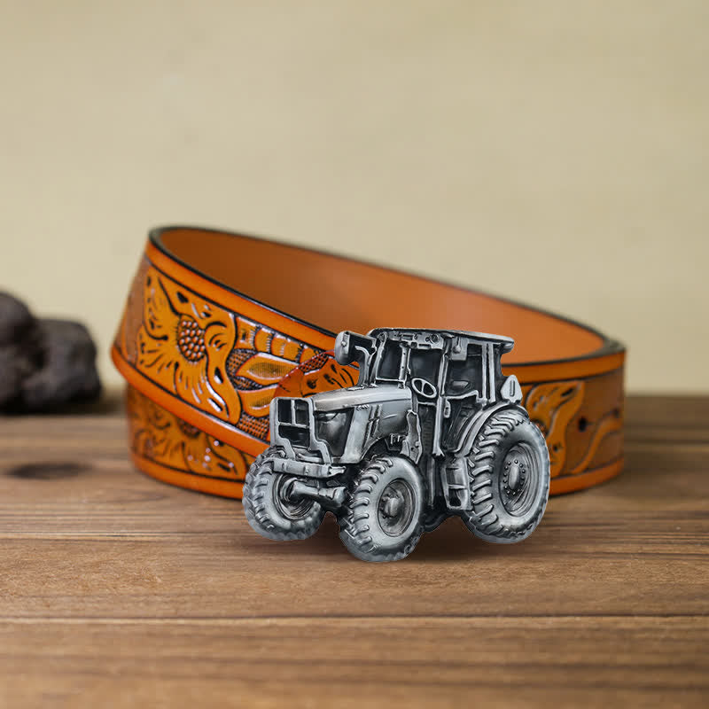 Ceinture en cuir à boucle pour homme avec motif tracteur de campagne