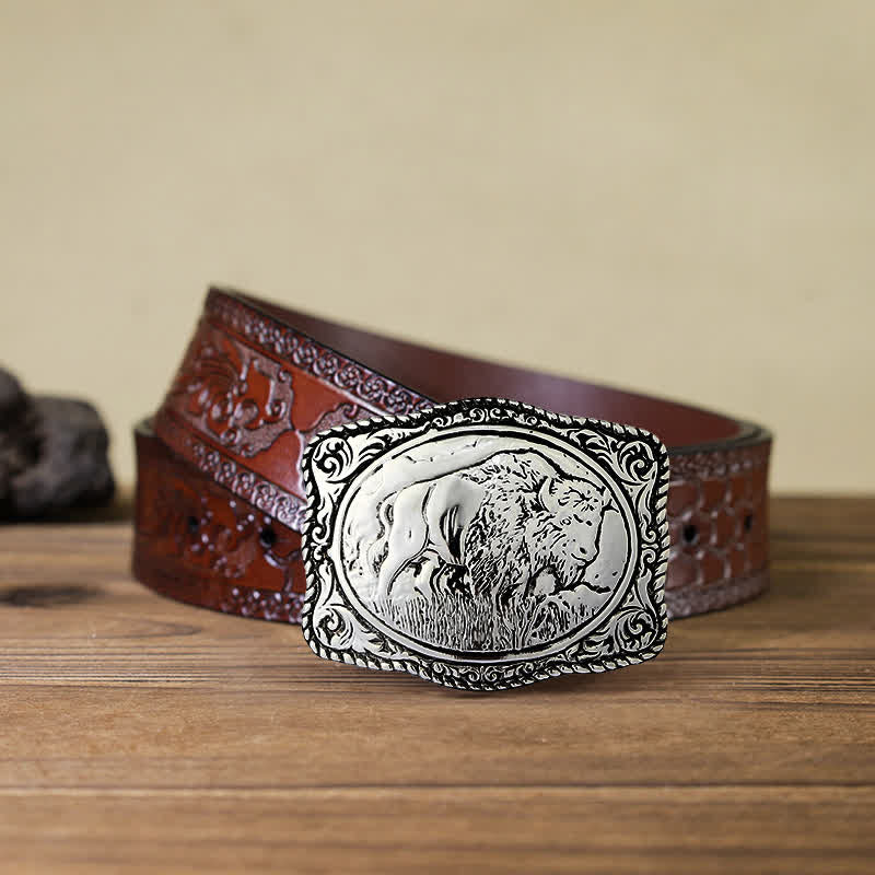 Ceinture en cuir de buffle gravée en argent pour homme