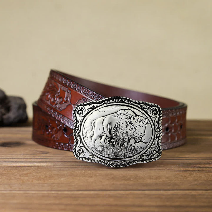 Ceinture en cuir de buffle gravée en argent pour homme