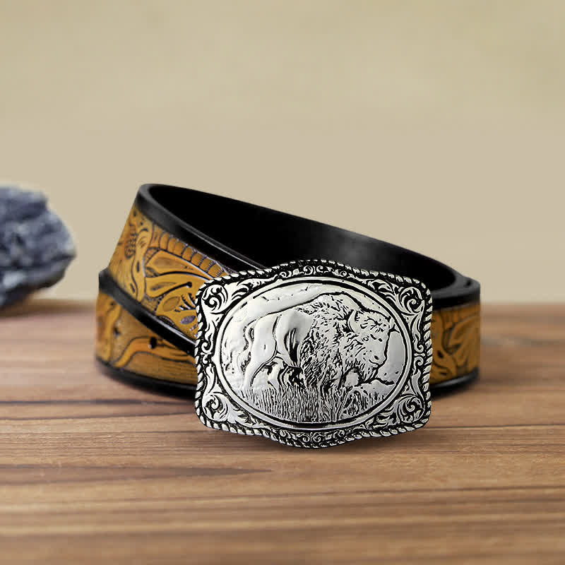 Ceinture en cuir de buffle gravée en argent pour homme