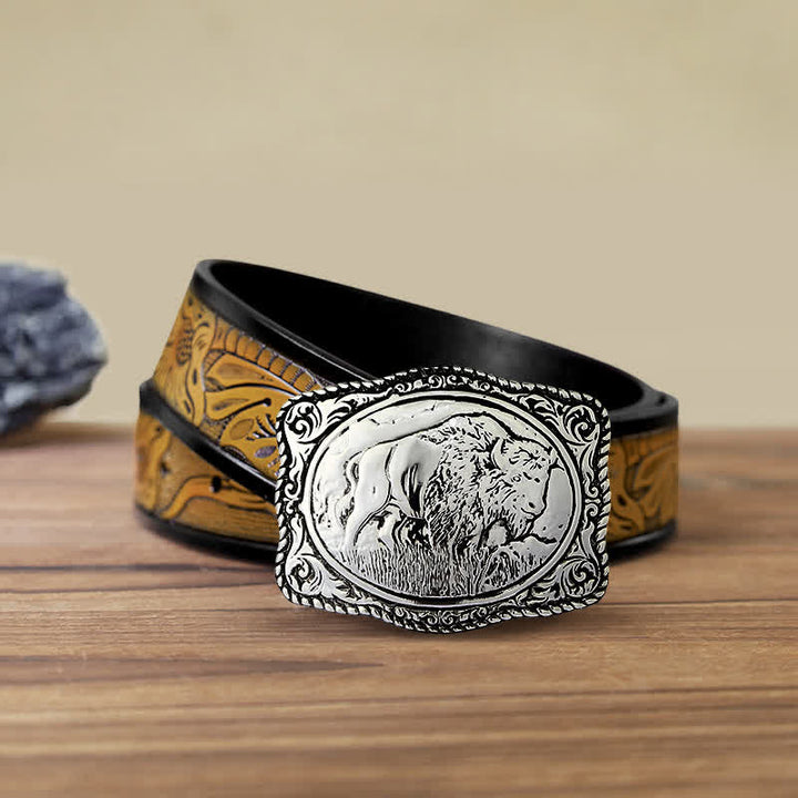 Ceinture en cuir de buffle gravée en argent pour homme