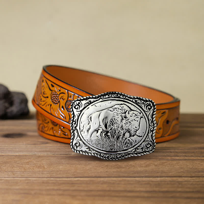 Ceinture en cuir de buffle gravée en argent pour homme