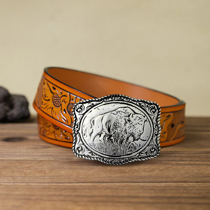Ceinture en cuir de buffle gravée en argent pour homme