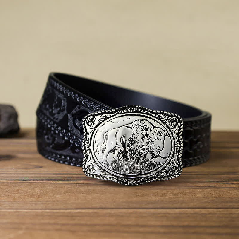 Ceinture en cuir de buffle gravée en argent pour homme