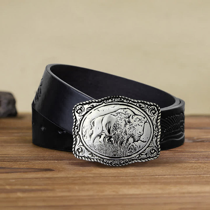 Ceinture en cuir de buffle gravée en argent pour homme