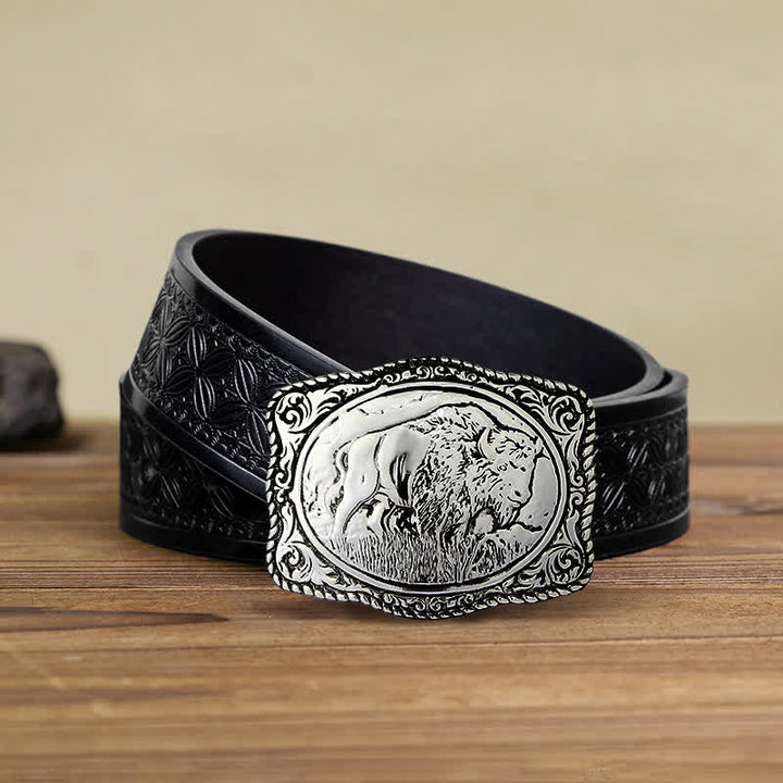 Ceinture en cuir de buffle gravée en argent pour homme