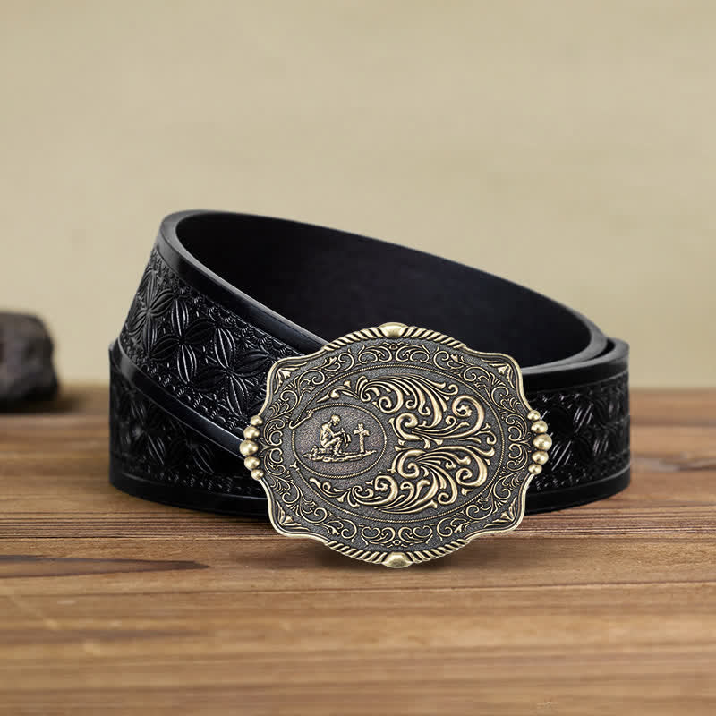 Ceinture en cuir à boucle pour homme avec motif de croix religieuse