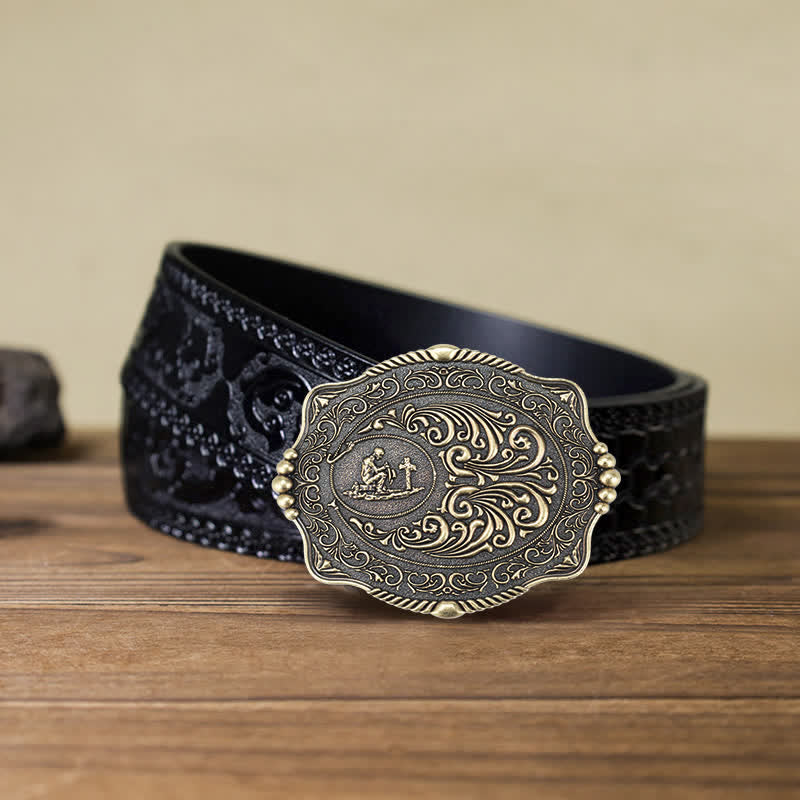 Ceinture en cuir à boucle pour homme avec motif de croix religieuse